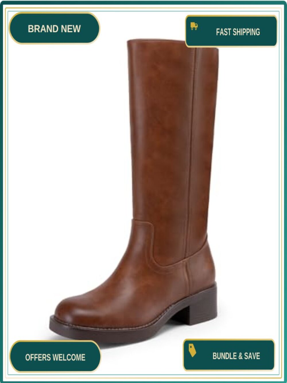 Knee High Square Toe Chunky Block Heel Riding Boots Faux Leather Side Zip